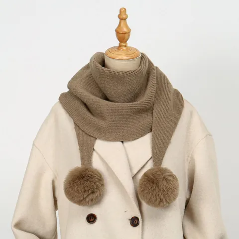 Women British Style Faux Cashmere Knitted Scarf Shawl With Dual Pom-Poms Warm Thick Solid Color Winter Neck Warmer Wrap