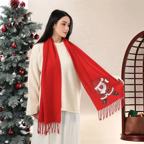 Weihnachts Roter Schal für Damen Herren Weihnachtsmann Rentier Muster Warmer Kaschmirartiger Winterschal mit Quasten Weicher Schal