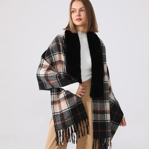 Plaid Faux Cashmere Shawl For Women Winter Warm Thick Wrap With Faux Fur Collar Tassels Elegant Vintage Cape Scarf