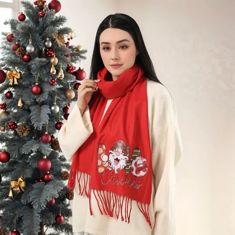 Weihnachts Roter Schal für Damen Herren Weihnachtsmann Rentier Muster Warmer Kaschmirartiger Winterschal mit Quasten Weicher Schal