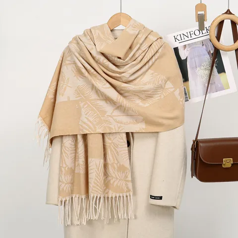 Women's Fashion Polyester Faux Cashmere Scarf Jacquard Tropical Leaf Paisley Pattern Long Tassel Shawl Warm Winter Autumn Wrap
