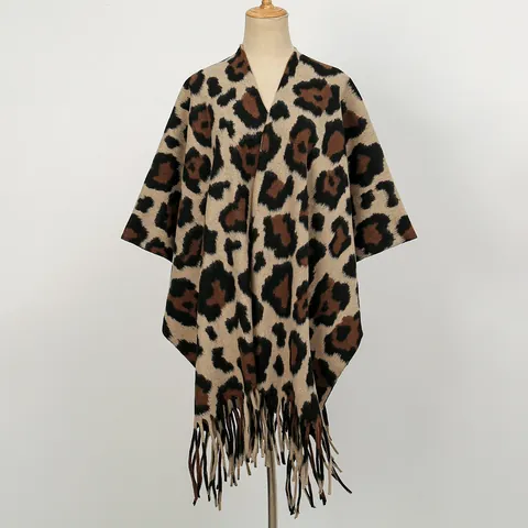 Dames Mode Luipaardprint Omslagdoek Dik Polyester Franjes Kwastjes Poncho Voor Winter Herfst Outdoor Vakantie Sjaal