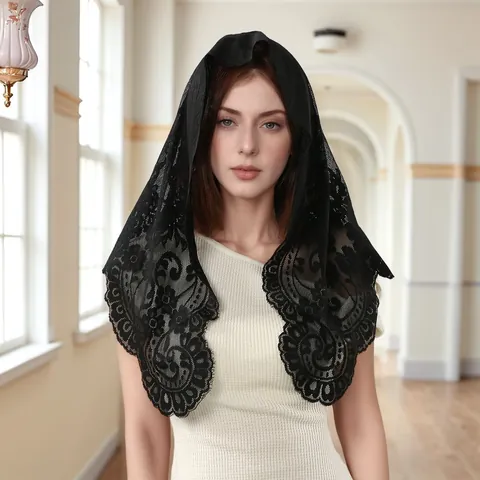Women's Elegant Floral Lace Embroidery Triangle Shawl Scalloped Edge Polyester Mantilla For Church Wedding Decorative Scarf