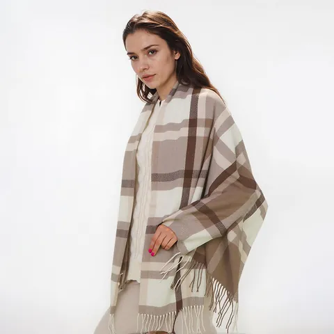 Women's Fashion Checkered Plaid Scarf Thickened Imitation Cashmere Winter Warm Shawl With Tassels Soft Fashion Pashmina Wrap