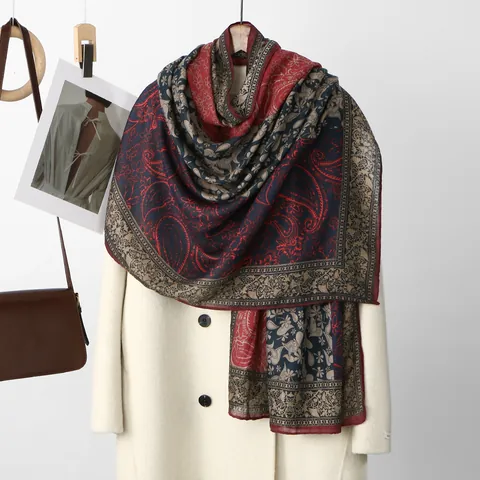 Women's Paisley Floral Print Cotton Linen Scarf Vintage Ethnic Long Shawl Wrap Lightweight Breathable Travel Scarf Pashmina