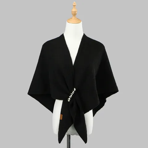 Elegant Knit Triangle Shawl With Faux Artificial Pearl Beaded Women Solid Color Warm Knitted Cape Wrap For Winter Autumn Accessory