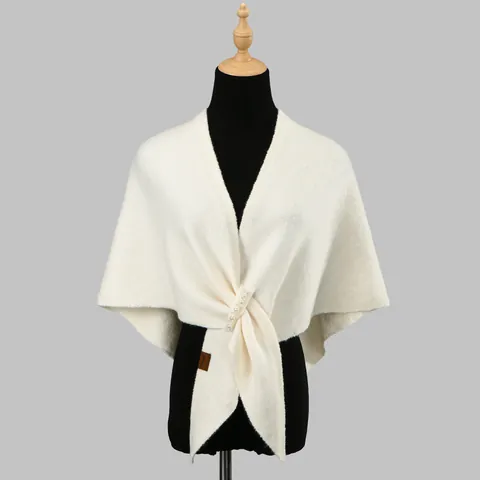 Elegant Knit Triangle Shawl With Faux Artificial Pearl Beaded Women Solid Color Warm Knitted Cape Wrap For Winter Autumn Accessory
