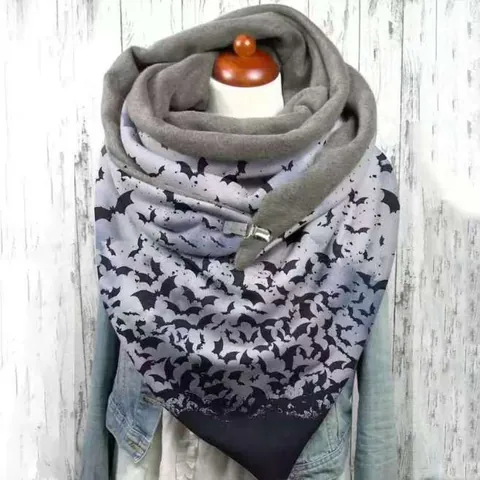 Damen Gothic Totenkopf Blumen Fledermaus Druck Fleece Gefüttertes Dreieckstuch Mit Metallclip Winter Warm Halswärmer Schal Mode Accessoire
