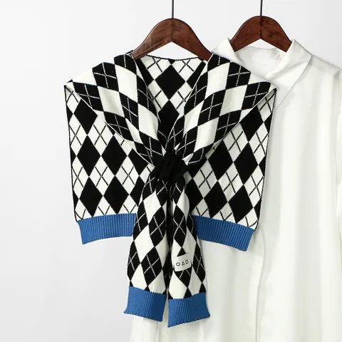 Knitted Houndstooth Argyle Fake Collar Shawl Wrap Polyester Contrast Ribbed Decorative Shoulder Wrap For Women Autumn Winter