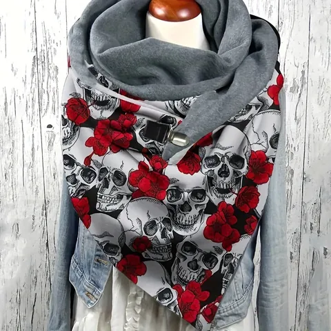 Damen Gothic Totenkopf Blumen Fledermaus Druck Fleece Gefüttertes Dreieckstuch Mit Metallclip Winter Warm Halswärmer Schal Mode Accessoire