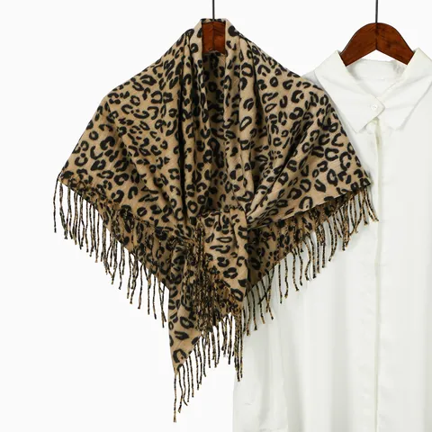 Fashion Leopard Print Scarf With Tassel Warm Polyester Cashmere-like Shawl For Women Winter Windproof Soft Large Neck Wrap
