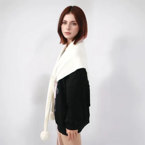 Women Winter Knit Shawl Scarf With Pom Poms Soft Polyester Triangle Wrap Fashion Warm Crossover Solid Color Neck Scarf