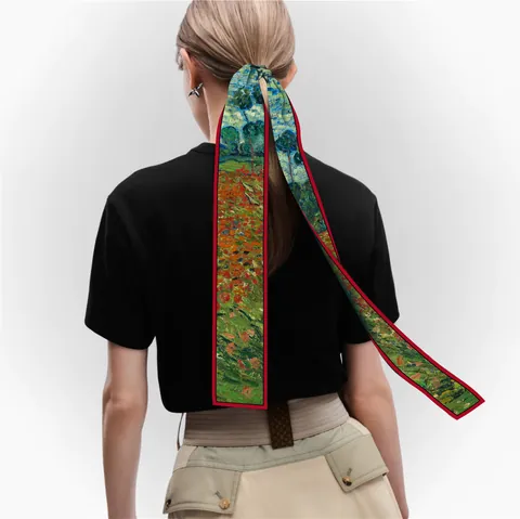 Impressionist Oil Painting Floral Print Satin Twilly Scarf For Women Long Narrow Neck Scarf Hair Band Bag Accessory Accessory