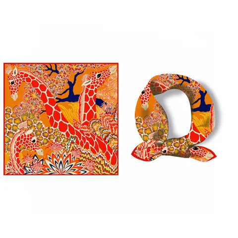 Women Cartoon Giraffe Floral Print Small Square Scarf Fashion Satin Silk Feel Twill Neck Scarf Hair Band Bag Decor Accessory