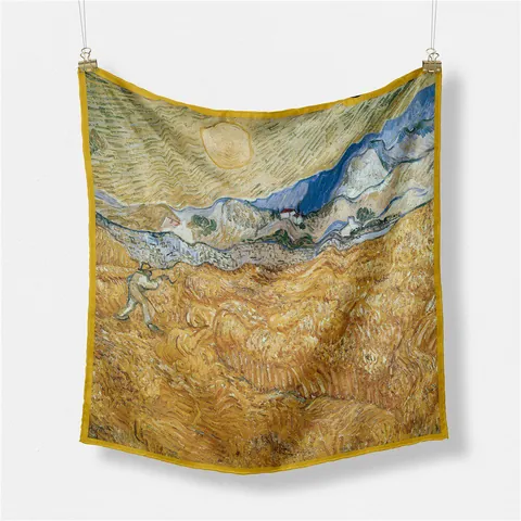 Van Gogh Olieverfschilderij Korenveld Satijn Vierkante Sjaal Voor Vrouwen Elegant Artistiek Twill Print Mode Accessoire