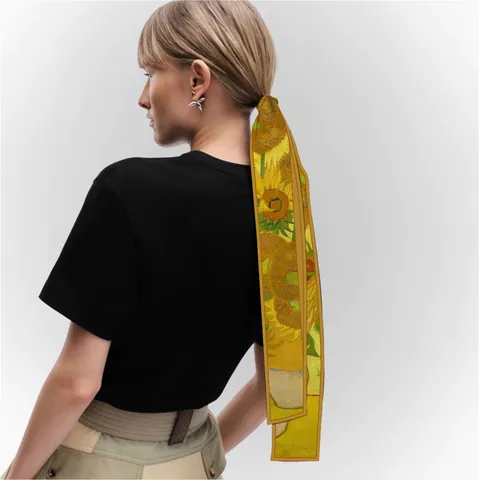 Van Gogh Art Satin Twilly Scarf Women Sunflower Almond Blossom Pattern Skinny Silk-Like Hair Tie Bag Decor Neck Wrap