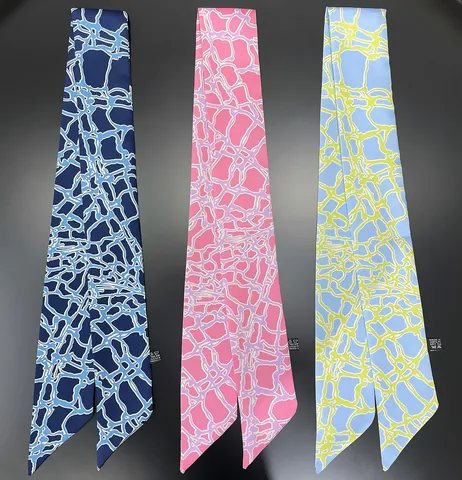 Women French Style Satin Narrow Scarf Abstract Geometric Print Twilly Hair Ribbon Neck Scarf Bag Handle Accessories