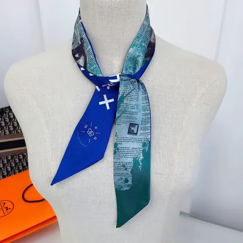 French Vintage Newspaper Print Satin Skinny Scarf For Women Letter Portrait Double Sided Handbag Ribbon Hair Tie Scarf