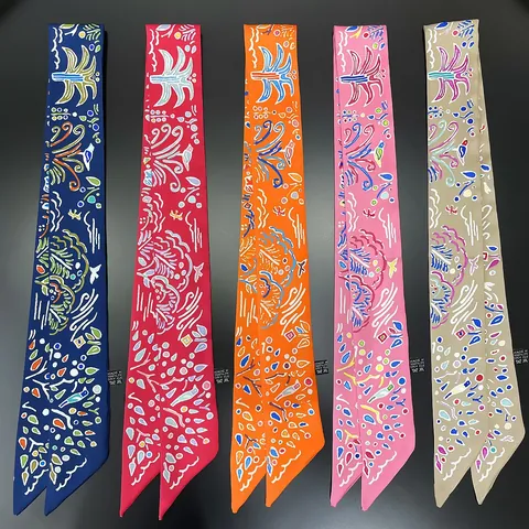 Modieuze Smalle Satijnen Sjaal Voor Vrouwen Abstracte Print Dun Lint Voor Nek Haar Tas Accessoire Elegante Dame Twilly Stijl Sjaal