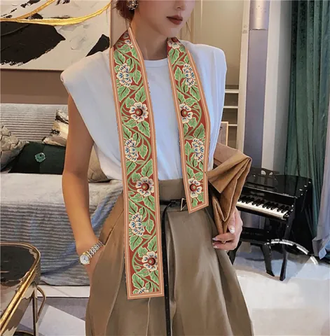 Vintage French Artistic Twilly Scarf For Women Narrow Long Satin Printed Neck Scarf Bag Handle Wrap Decorative Hair Band Accessory