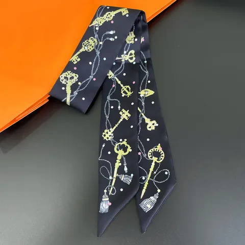 Women Vintage Key Chain Print Satin Twilly Scarf Narrow Long Ribbon For Handbag Handle Neck Tie Headband Elegant Hair Neckerchief