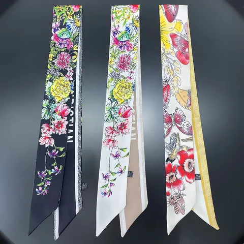 Sciarpa in Satin Vintage Francese Per Donna Con Stampa Floreale E Farfalle Nastro Sottile Per Capelli Decorazione Borsa Fascia Multiuso