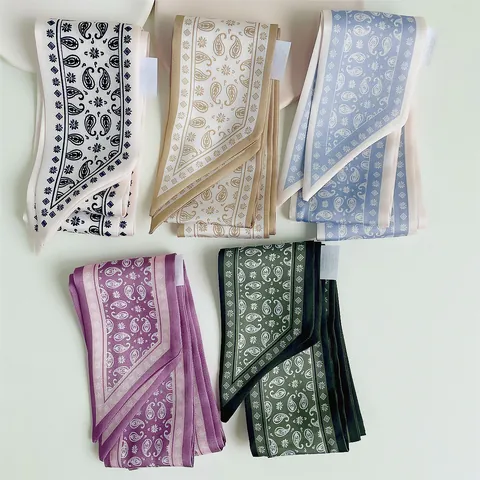 Vintage Paisley Printed Satin Skinny Scarf For Women Double Sided Two Tone Hair Band Bag Handle Decorative Neck Tie