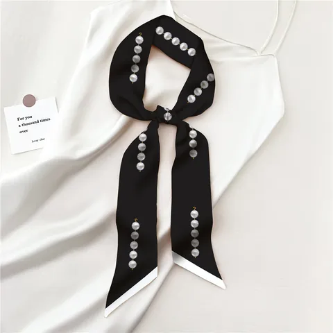 Women Satin Twilly Scarf Floral Geometric Argyle Pattern Skinny Scarf Narrow Scarf For Hair Bag Accessory Elegant Neck Scarf