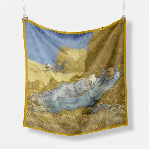 Pañuelo Cuadrado de Satén con Estampado de Pintura Famosa 53cm Pañuelo de Cuello de Sarga para Mujer Moda Vintage con Patrón de Paisaje Artístico