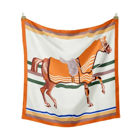 Damen Vintage Reitsport Pferdekutsche Kettendruck Satin Quadratisches Tuch Elegant Dekorativ Seidiges Gefühl Schal Zubehör
