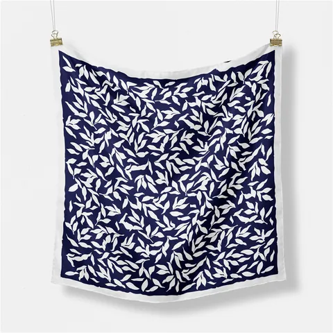 Elegant Navy Blue Leaf Print Satin Square Scarf Silk Feeling Small Neck Scarf For Women Vintage Fashion Office Lady Scarf Handkerchief