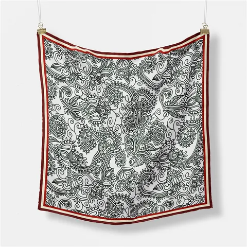 Foulard Quadrato in Satin con Stampa Paisley Vintage Donna Bianco Nero Floreale con Bordo Rosso Sciarpa da Collo Accessorio Capelli