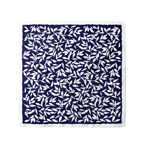 Elegant Navy Blue Leaf Print Satin Square Scarf Silk Feeling Small Neck Scarf For Women Vintage Fashion Office Lady Scarf Handkerchief