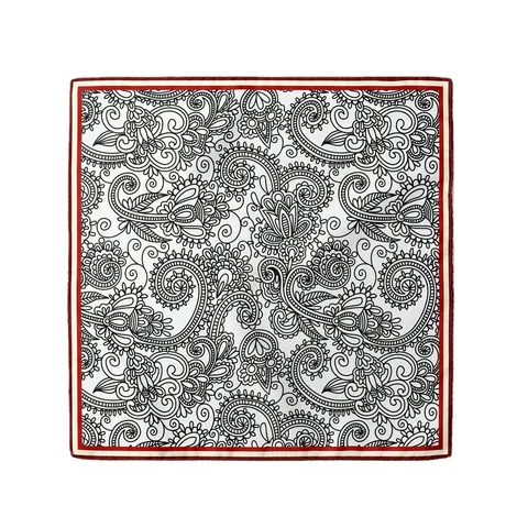 Foulard Quadrato in Satin con Stampa Paisley Vintage Donna Bianco Nero Floreale con Bordo Rosso Sciarpa da Collo Accessorio Capelli