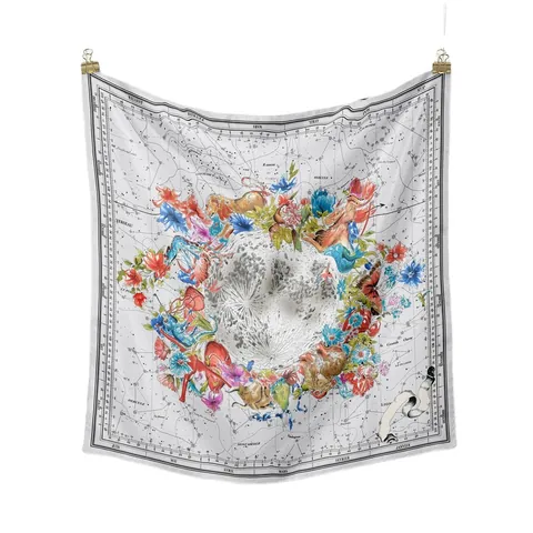 Women Mulberry Silk Square Scarf French Vintage Astronomical Constellation Moon Floral Print Silk Neck Scarf Small Shawl Wrap