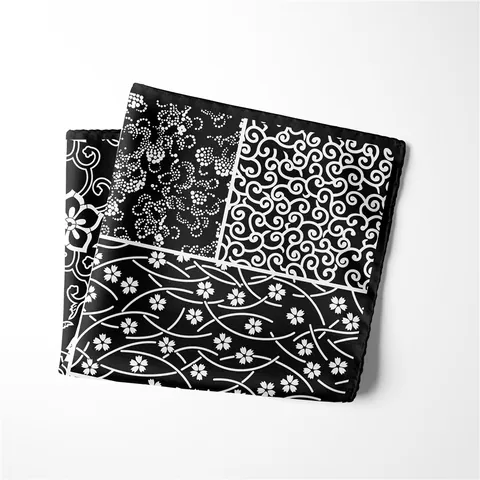 Vintage Black And White Satin Square Scarf For Women Japanese Floral Wave Print Patchwork Bandana Handkerchief Accessory