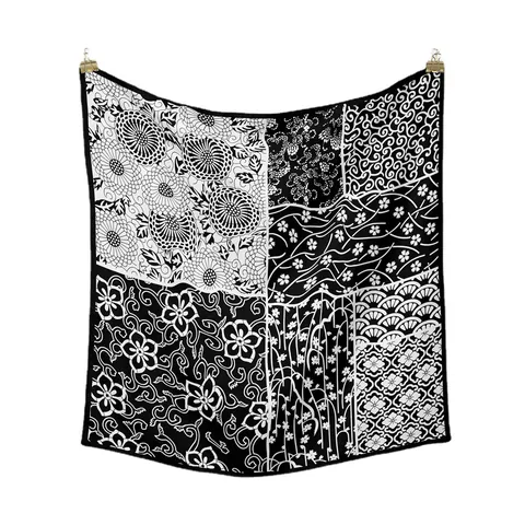 Vintage Black And White Satin Square Scarf For Women Japanese Floral Wave Print Patchwork Bandana Handkerchief Accessory