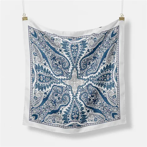 Vintage Blue White Paisley Print Square Scarf Satin Silk-Like Pocket Square For Men Women Fashion Decorative Handkerchief