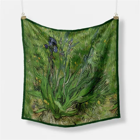 Van Gogh Iris Olieverfschilderij Print Vierkante Satijnen Sjaal Voor Vrouwen Artistieke Decoratieve Kleine Zijdeachtige Halssjaal Mode Zakdoek Accessoire