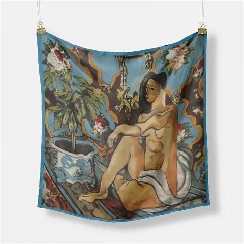 Women's Vintage Oil Painting Artistic Print Small Square Scarf Satin Floral Portrait Silk-Feel Hair Neck Wrap Bandana