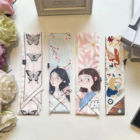 Fashion Satin Narrow Long Scarf For Women Printed Butterfly Girl Floral Hair Band Ribbon Elegant Neck Scarf Bag Decoration