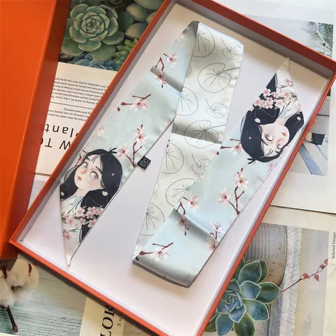 Fashion Satin Narrow Long Scarf For Women Printed Butterfly Girl Floral Hair Band Ribbon Elegant Neck Scarf Bag Decoration