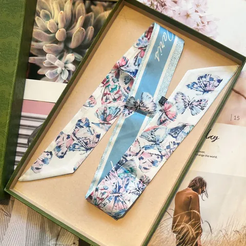 Butterfly Floral Print Satin Twilly Scarf For Women Vintage Narrow Hair Band Bag Handle Wrap Silk Feeling Ribbon Neck Scarf With Gift Box