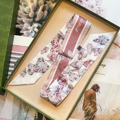 Butterfly Floral Print Satin Twilly Scarf For Women Vintage Narrow Hair Band Bag Handle Wrap Silk Feeling Ribbon Neck Scarf With Gift Box