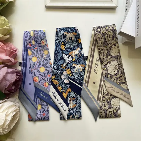 Vintage Floral Horse Print Satin Twilly Scarf For Women French Style Hair Band Neck Tie Fashion Decorative Small Satin Scarf