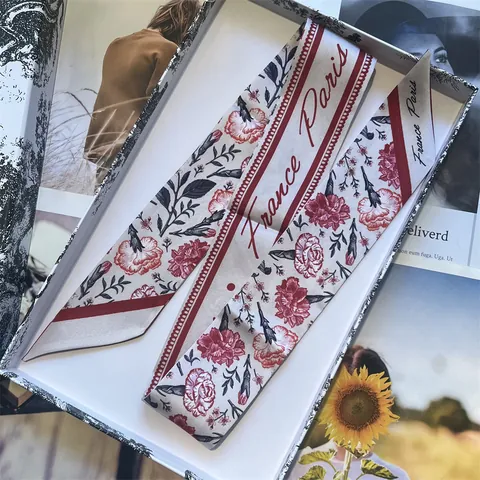 Women's Floral Print Satin Skinny Scarf Long Ribbon For Hair Bag Handle Neck Tie French Style Decorative Silk-Like Scarf