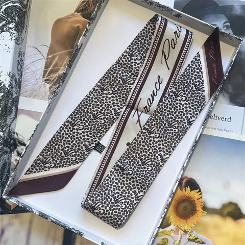 French Retro Coffee Bean Print Satin Twilly Scarf For Women Letter Pattern Small Silk Scarf Hair Band Wrist Bag Ribbon Accessories