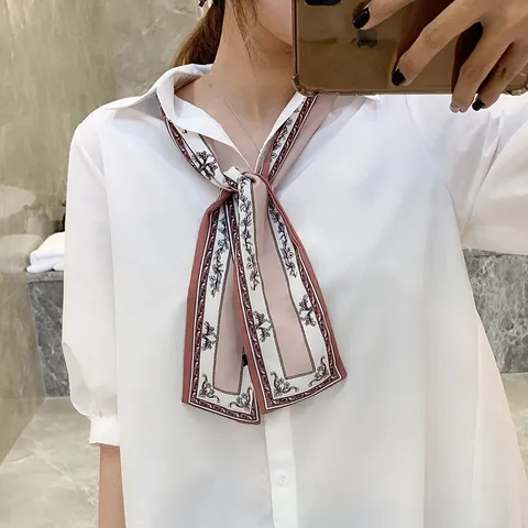 Elegant Satin Skinny Scarf Women Double Layer Printed Narrow Neck Scarf Retro Paisley Floral Pattern Slim Scarf For Daily Office