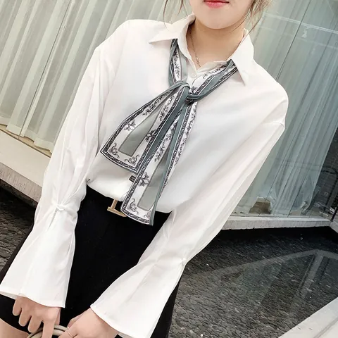 Elegant Satin Skinny Scarf Women Double Layer Printed Narrow Neck Scarf Retro Paisley Floral Pattern Slim Scarf For Daily Office