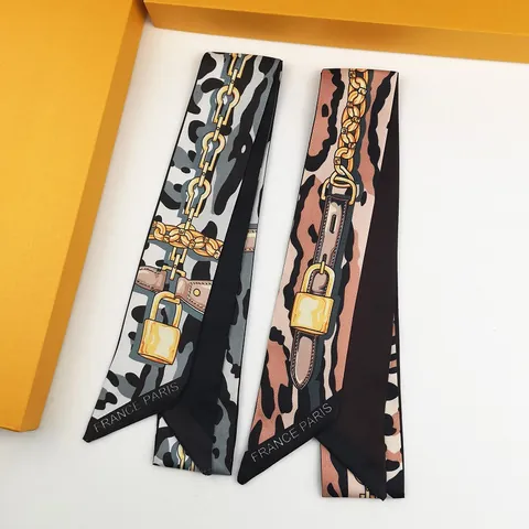 Vintage Satin Leopard Print Narrow Scarf For Women With Gold Chain Padlock Pattern Fashion Twilly Bag Scarf Neck Scarf Hair Band